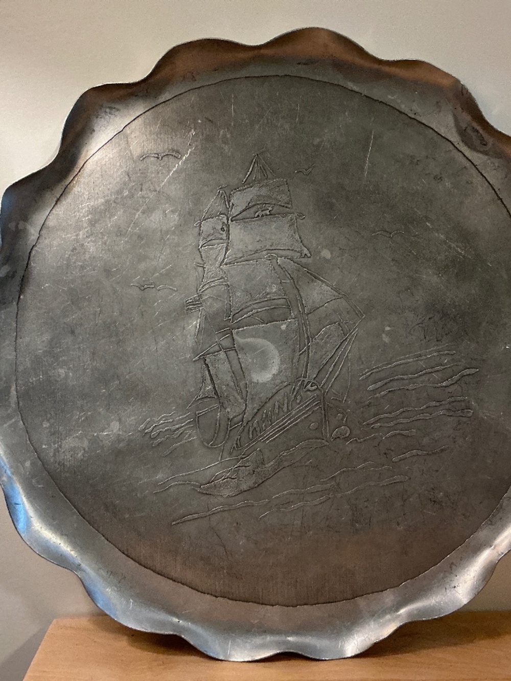 Vintage 14 Inch aluminum round serving tray with crimped edges, Sailboat